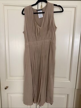 Alberta Ferretti Sleeveless Pleated V-Neck Midi Dress in Taupe. Cocktail style